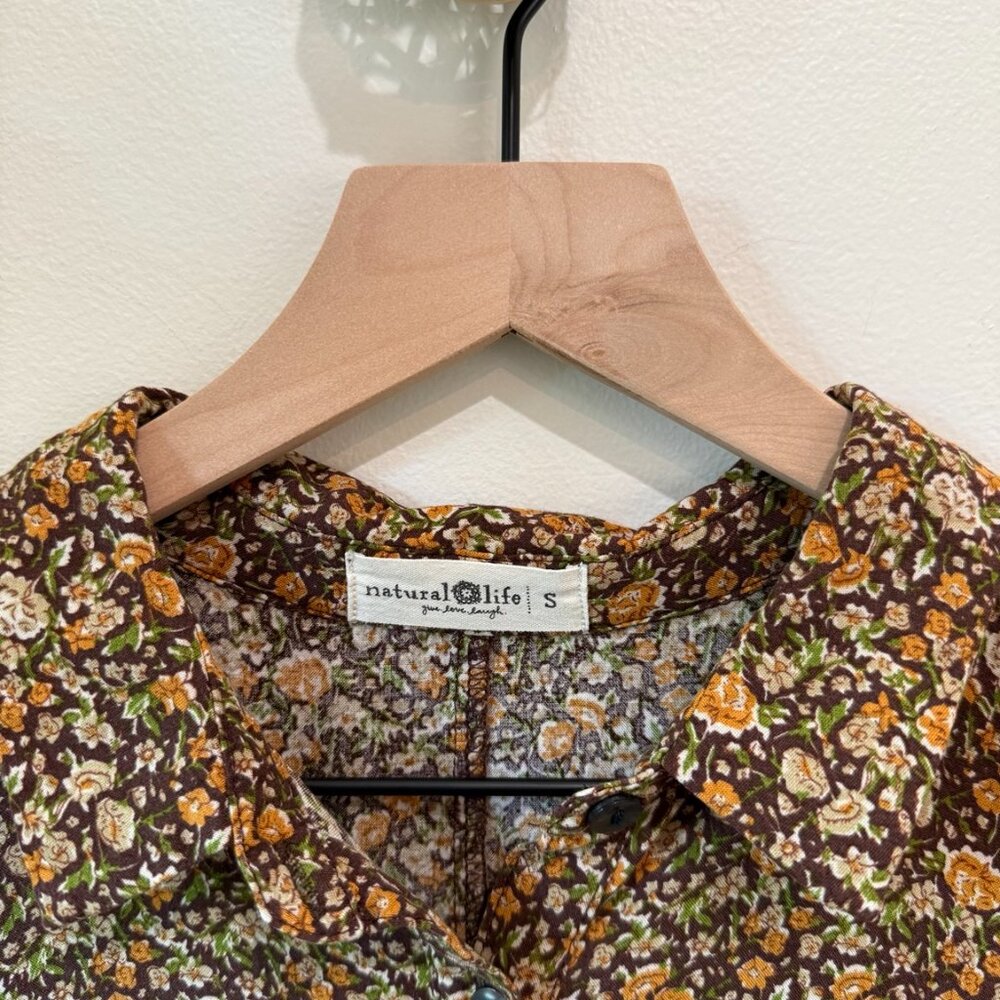 Natural Life Brown Floral Button Front Dress Boho Midi Prairie Cottagecore Sz S - Picture 2 of 8